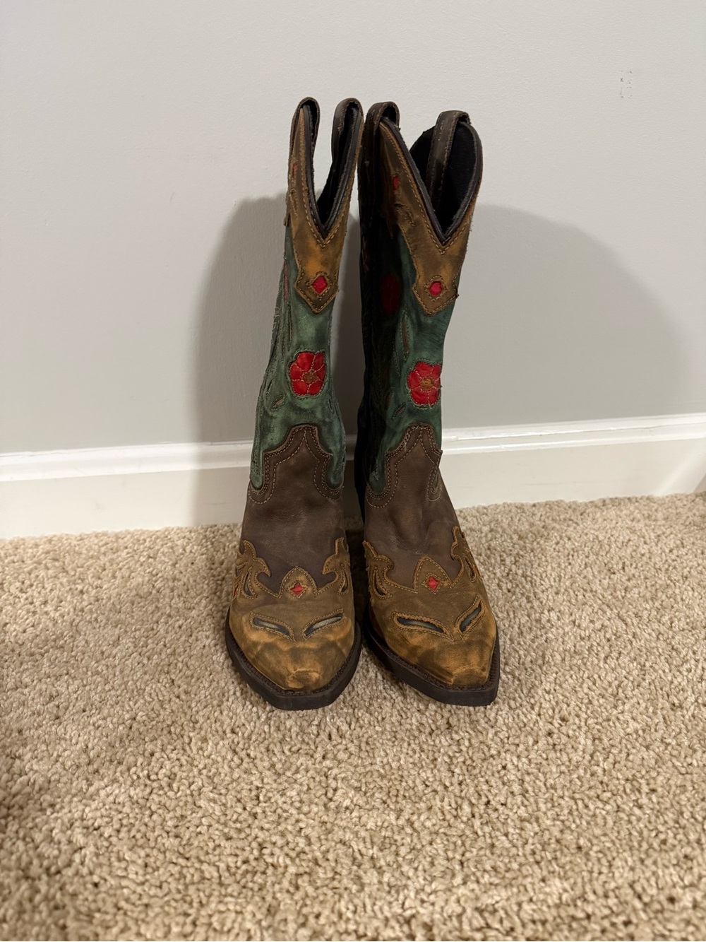 Laredo Brown and Green Embroidered Western Heeled Boots
